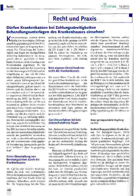 Vorschauseite 1: Dürfen Krankenkassen bei Zahlungsstreitigkeiten Behandlungsunterlagen des Krankenhauses einsehen?