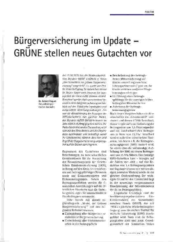 Vorschauseite 1: Bürgerversicherung im Update - GRÜNE stellen neues Gutachten vor