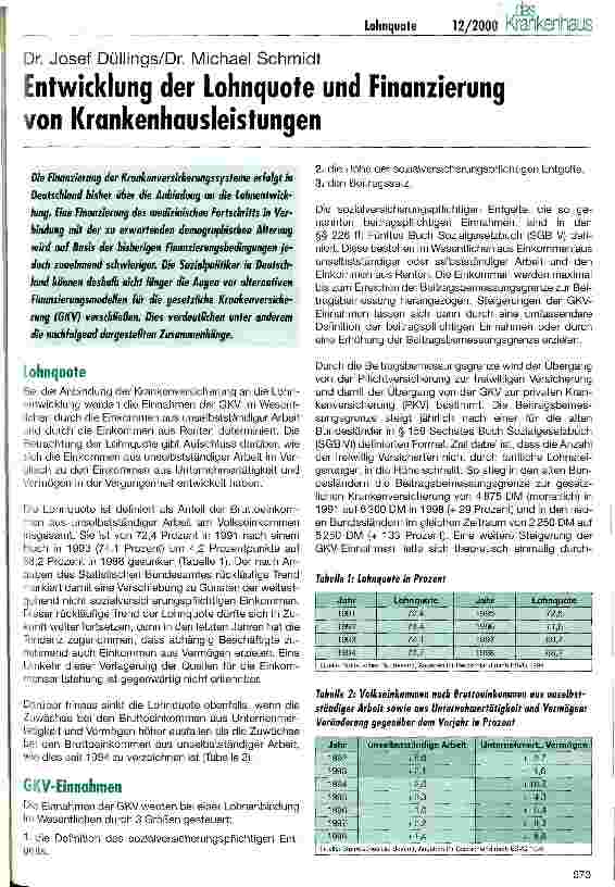 Vorschauseite 1: Entwicklung der Lohnquote und Finanzierung von Krankenhausleistungen