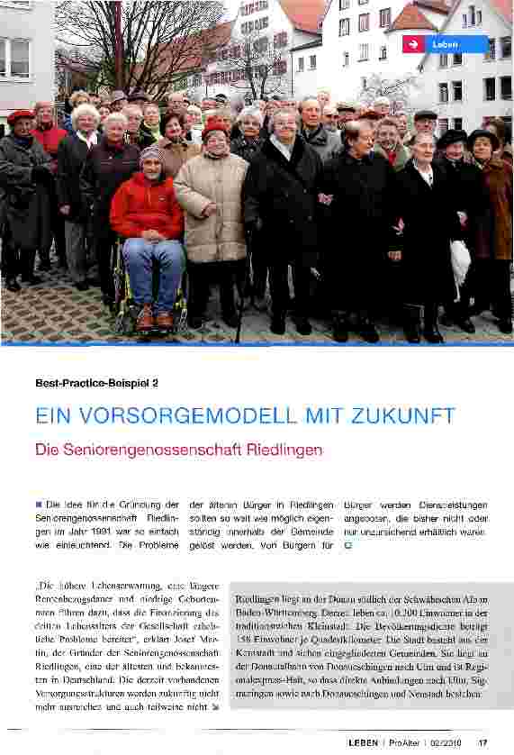 Vorschauseite 1: Best-Practice-Beispiel 2 EIN VORSORGEMODELL MIT ZUKUNFT Die Seniorengenossenschaft Riedlingen