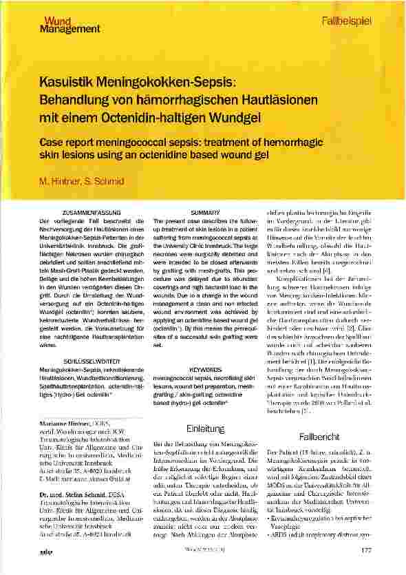 Vorschauseite 1: Kasuistik Meningokokken-Sepsis: Behandlung von hämorrhagischen Hautläsionen mit einem Octenidin-haltigen Wundgel