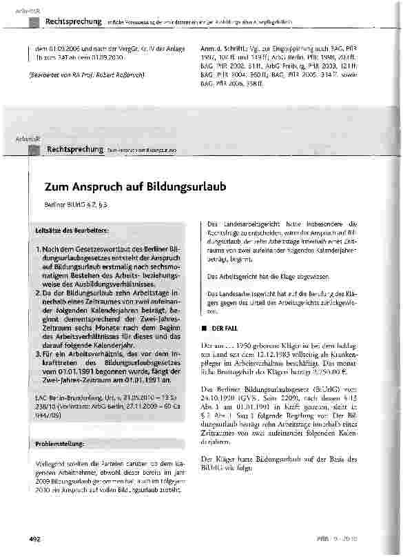 Vorschauseite 1: Zum Anspruch auf BildungsurlaubBerliner BiUrlG § 2, § 3
