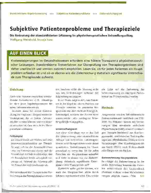 Vorschauseite 1: Subjektive Patientenprobleme und TherapiezieleDie Bedeutung der standardisierten Erfassung im physiotherapeutischen Behandlungsalltag