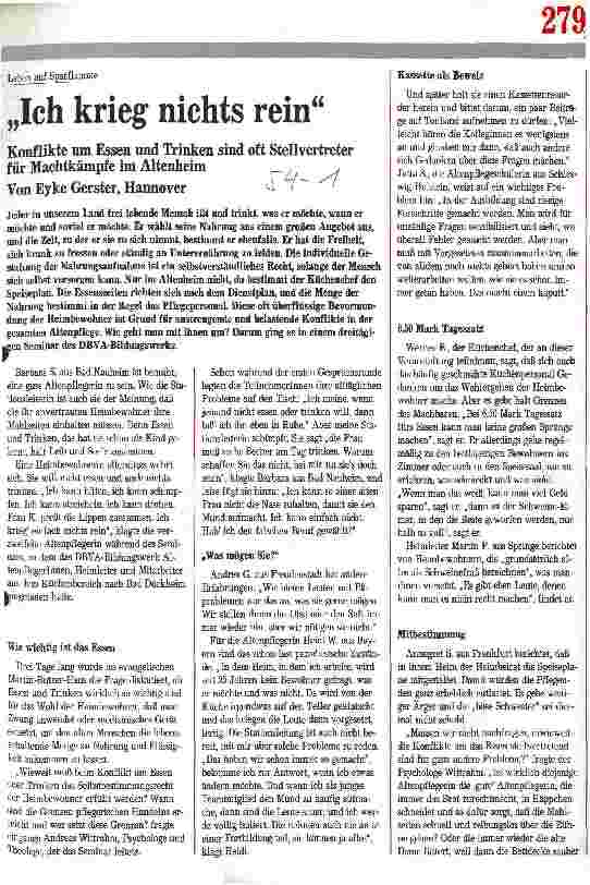 Vorschauseite 1: Leben auf Sparflamme: Ich krieg nichts rein. Konflikte um Essen und und Trinken sind oft Stellvertreter für Machtkämpfe im Altenheim