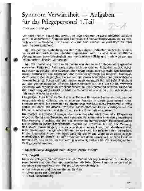 Vorschauseite 1: Syndrom Verwirrtheit - Aufgaben für das Pflegepersonal 1.Teil