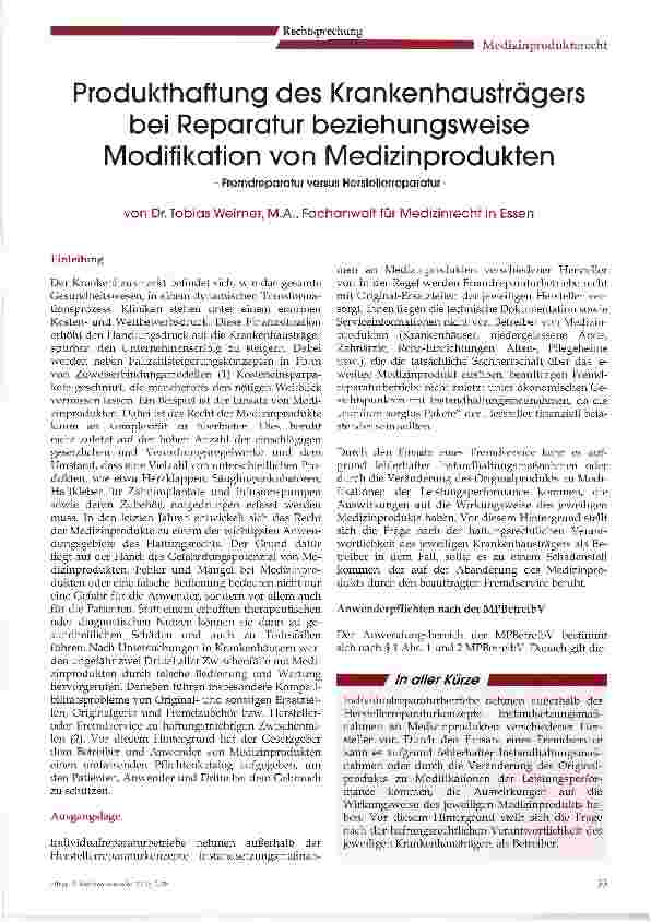 Vorschauseite 1: Produkthaftung des Krankenhausträgers bei Reparatur beziehungsweise Modifikation von Medizinprodukten