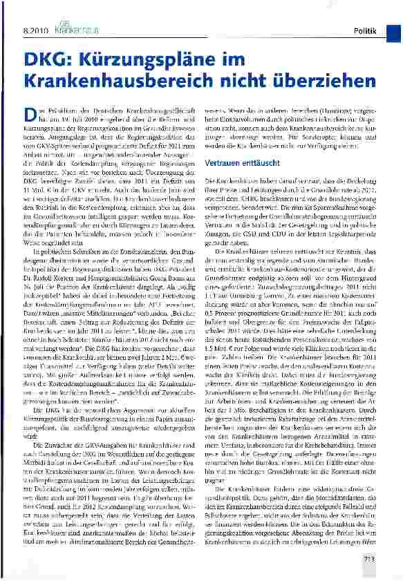 Vorschauseite 1: DKG: Kürzungspläne im Krankenhausbereich nicht überziehen