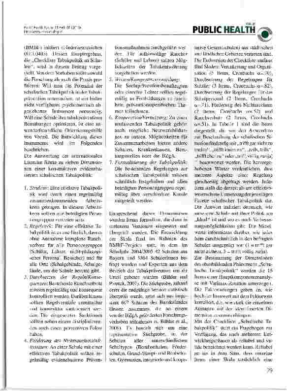 Vorschauseite 2: Checkliste „Tabakpolitik an der Schule - Entwicklung eines praxisorientierten, reliablen und validen Instruments