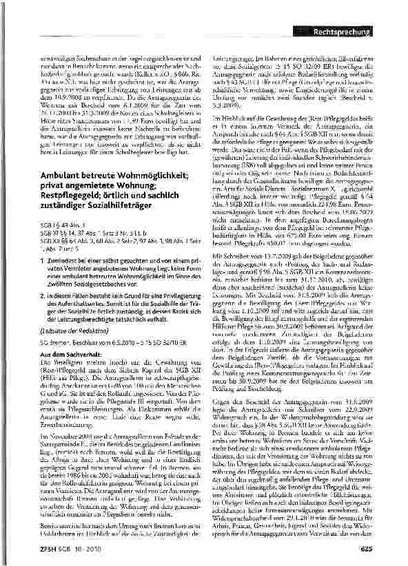 Vorschauseite 1: Ambulant betreute Wohnmöglichkeit; privat angemietete Wohnung; Restpflegegeld; örtlich und sachlich zuständiger Sozialhilfeträger