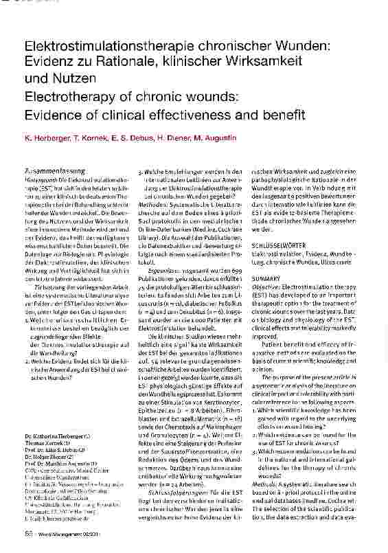 Vorschauseite 1: Elektrostimulationstherapie chronischer Wunden: Evidenz zu Rationale, klinischer Wirksamkeitund Nutzen