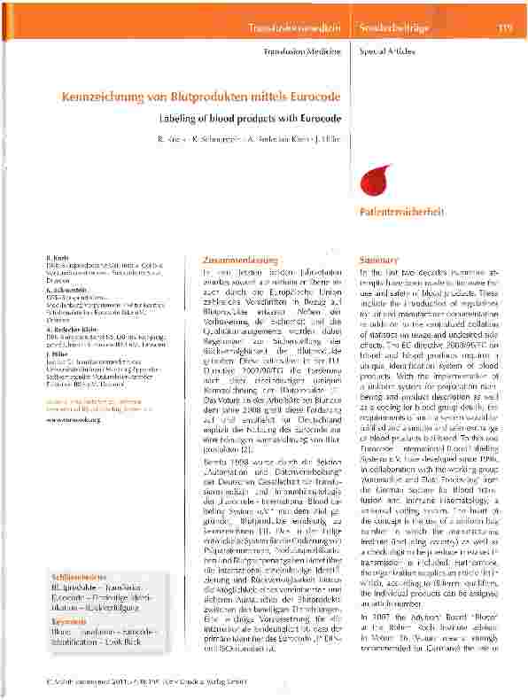 Vorschauseite 1: Kennzeichnung von Blutprodukten mittels Eurocode