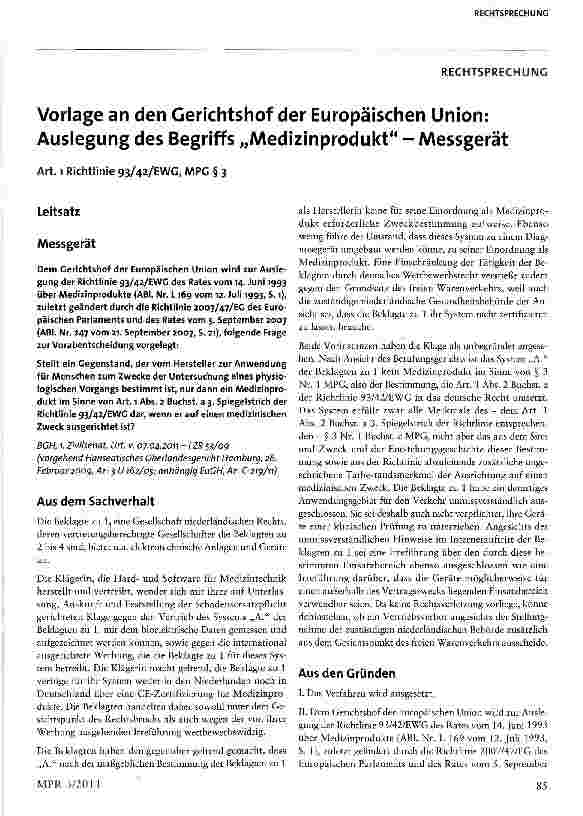 Vorschauseite 1: Vorlage an den Gerichtshof der Europäischen Union: Auslegung des Begriffs „Medizinprodukt - Messgerät