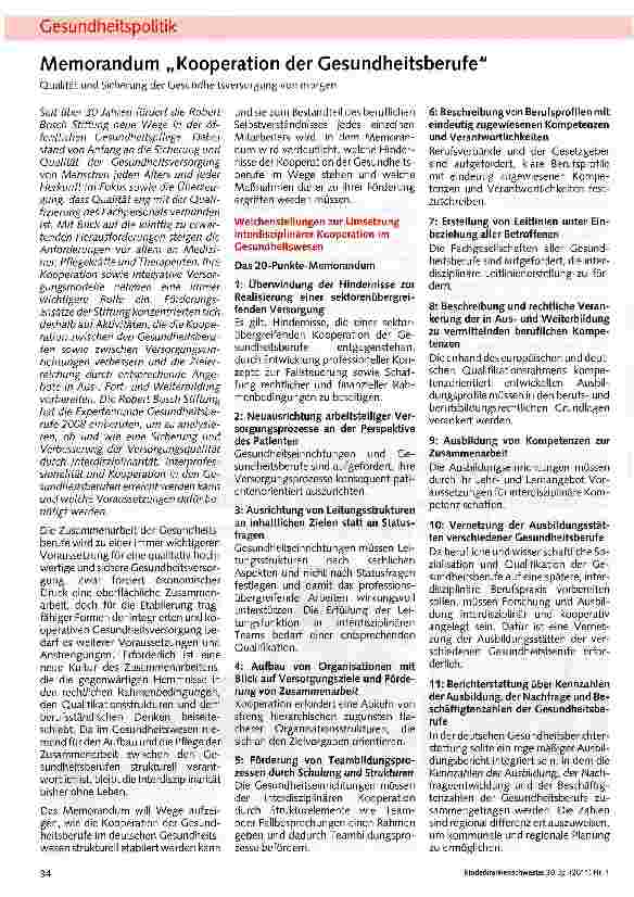 Vorschauseite 1: Memorandum „Kooperation der GesundheitsberufeQualität und Sicherung der Gesundheitsversorgung von morgen