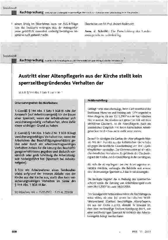 Vorschauseite 1: Austritt einer Altenpflegerin aus der Kirche stellt kein sperrzeitbegründendes Verhalten dar SGB IN § 144 Abs. 1 Satz 1 und 2 Nr. 1