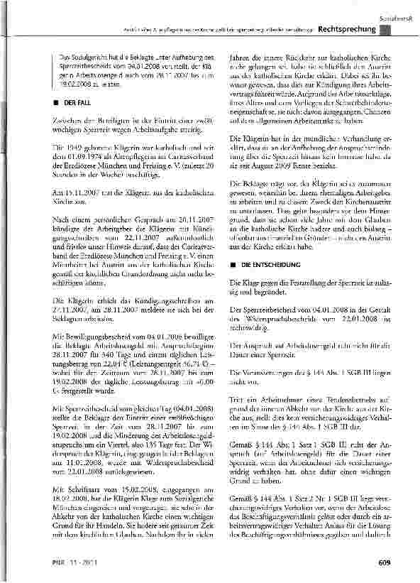Vorschauseite 2: Austritt einer Altenpflegerin aus der Kirche stellt kein sperrzeitbegründendes Verhalten dar SGB IN § 144 Abs. 1 Satz 1 und 2 Nr. 1