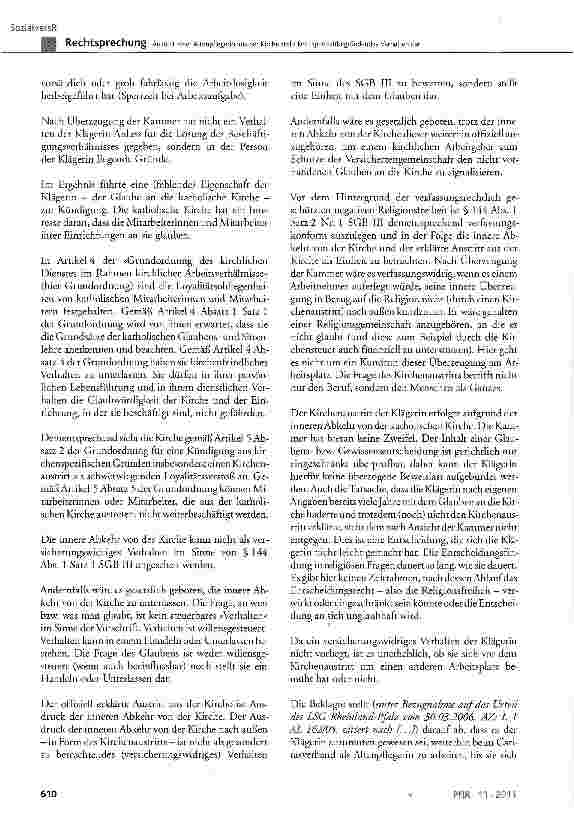 Vorschauseite 3: Austritt einer Altenpflegerin aus der Kirche stellt kein sperrzeitbegründendes Verhalten dar SGB IN § 144 Abs. 1 Satz 1 und 2 Nr. 1