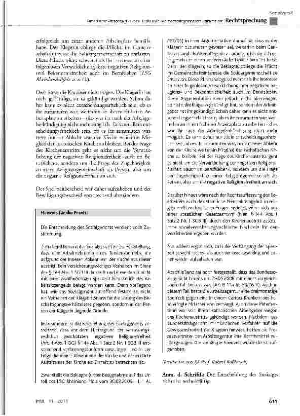 Vorschauseite 4: Austritt einer Altenpflegerin aus der Kirche stellt kein sperrzeitbegründendes Verhalten dar SGB IN § 144 Abs. 1 Satz 1 und 2 Nr. 1