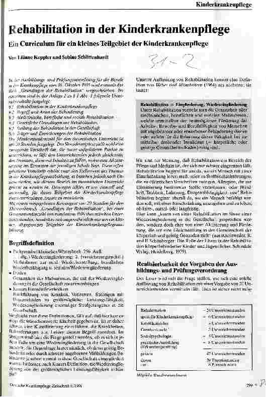 Vorschauseite 1: Rehabilitation in der Kinderkrankenpflege Ein Curriculum für ein kleines Teilgebiet der Kinderkrankenpflege
