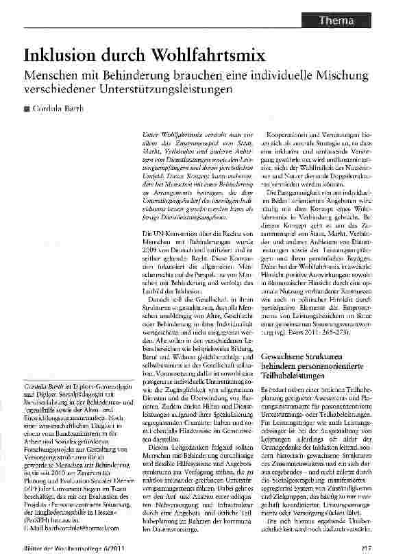 Vorschauseite 1: Inklusion durch Wohlfahrtsmix Menschen mit Behinderung brauchen eine individuelle Mischung verschiedener Unterstützungsleistungen