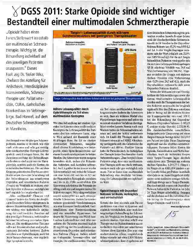 Vorschauseite 1: DGSS 2011: Starke Opioide sind wichtiger Bestandteil einer multimodalen Schmerztherapie