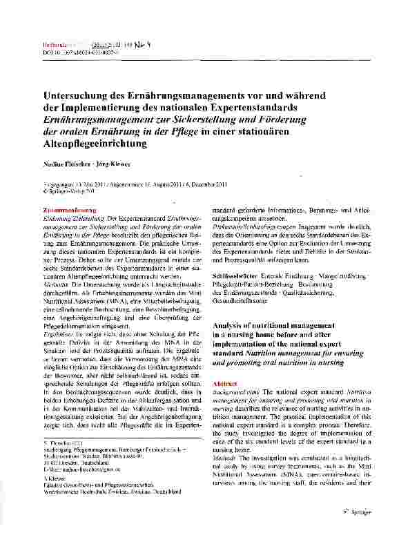 Vorschauseite 1: Untersuchung des Ernährungsmanagements vor und während der Implementierung des nationalen Expertenstandards Ernährungsmanagement zur Sicherstellung und Förderung der oralen Ernähr…