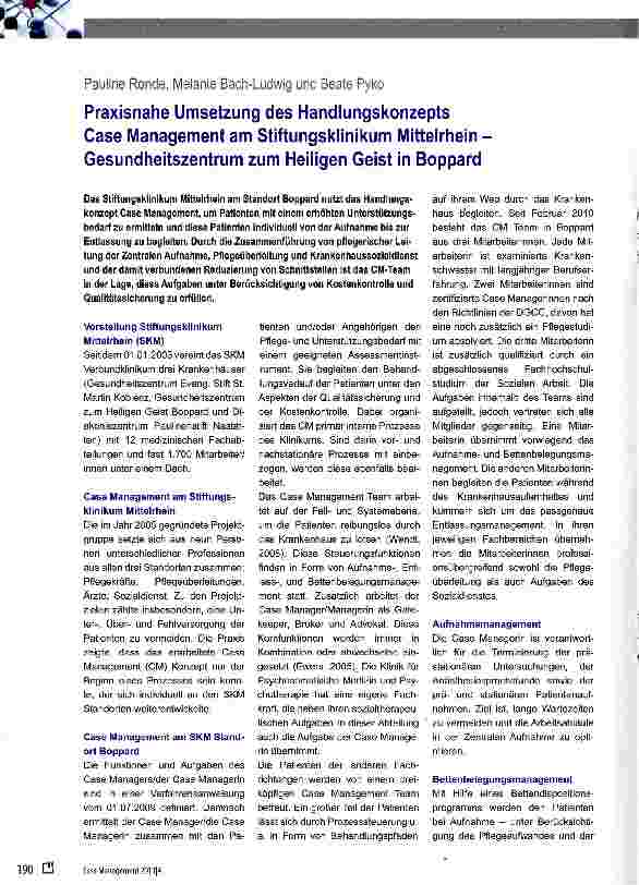 Vorschauseite 1: Praxisnahe Umsetzung des Handlungskonzepts Case Management am Stiftungsklinikum Mittelrhein -Gesundheitszentrum zum Heiligen Geist in Boppard
