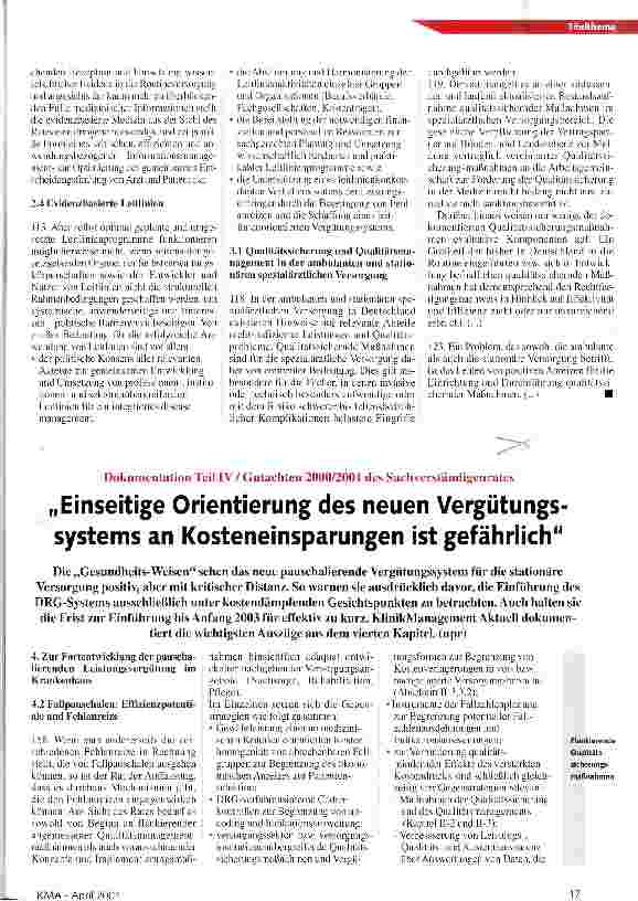 Vorschauseite 1: Einseitige Orientierung des neuen Vergütungssystems an Kosteneinsparungen ist gefährlich Dokumentation Teil IV / Gutschten 2000/2001 des Sachverständigenrates