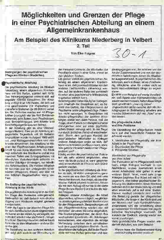 Vorschauseite 1: Möglichkeiten und Grenzen der Pflege in einer Psychiatrischen Abteilung an einem Allgemeinkrankenhaus - 2. Teil. Klinikum Niederberg. .