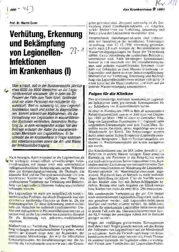 Vorschauseite 1: Verhütung, Erkennung und Bekämpfung von Legionellen-Infektionen im Krankenhaus