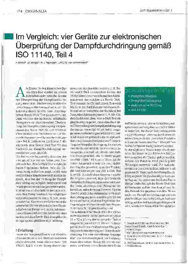 Vorschauseite 1: Im Vergleich: vier Geräte zur elektronischen Überprüfung der Dampfdurchdringung gemäß ISO 11140, Teil 4