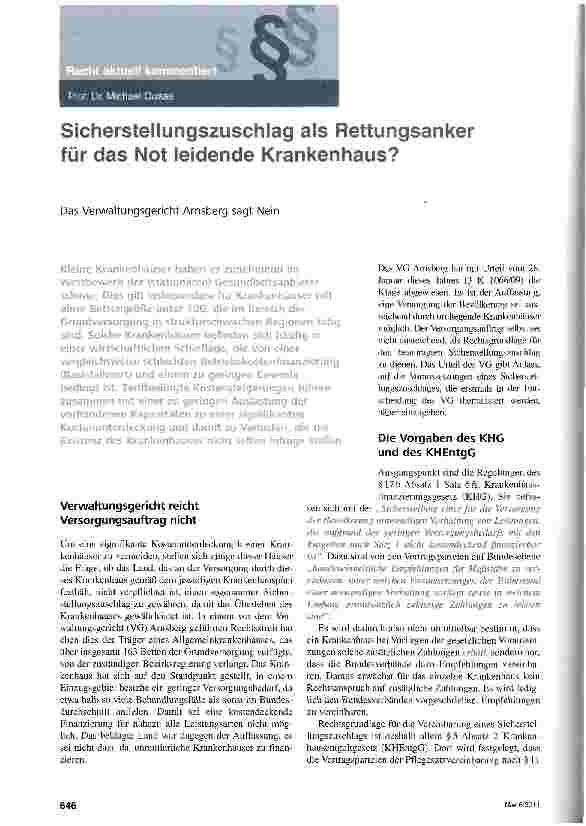 Vorschauseite 1: Sicherstellungszuschlag als Rettungsanker für das Not leidende Krankenhaus?