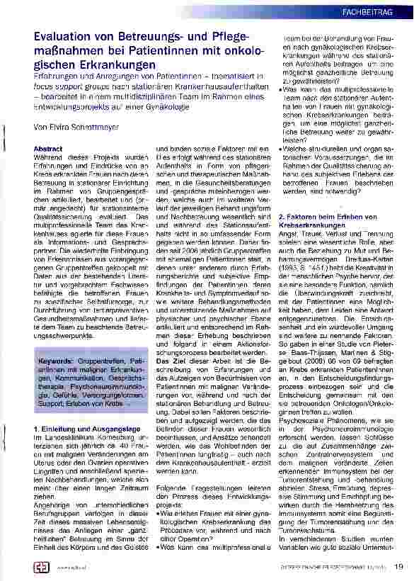 Vorschauseite 1: Evaluation von Betreuungsund Pflegemaßnahmen bei Patientinnen mit onkologischen Erkrankungen