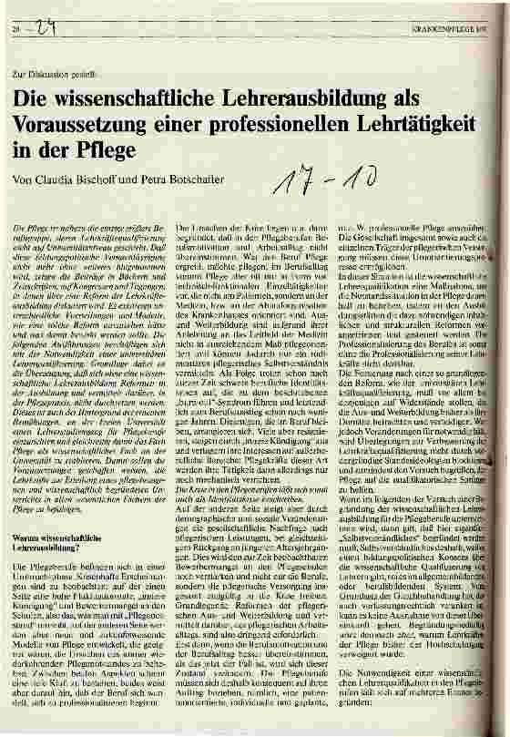 Vorschauseite 1: Die wissenschaftliche Lehrerausbildung als Voraussetzung einer professionellen Lehrtätigkeit in der Pflege