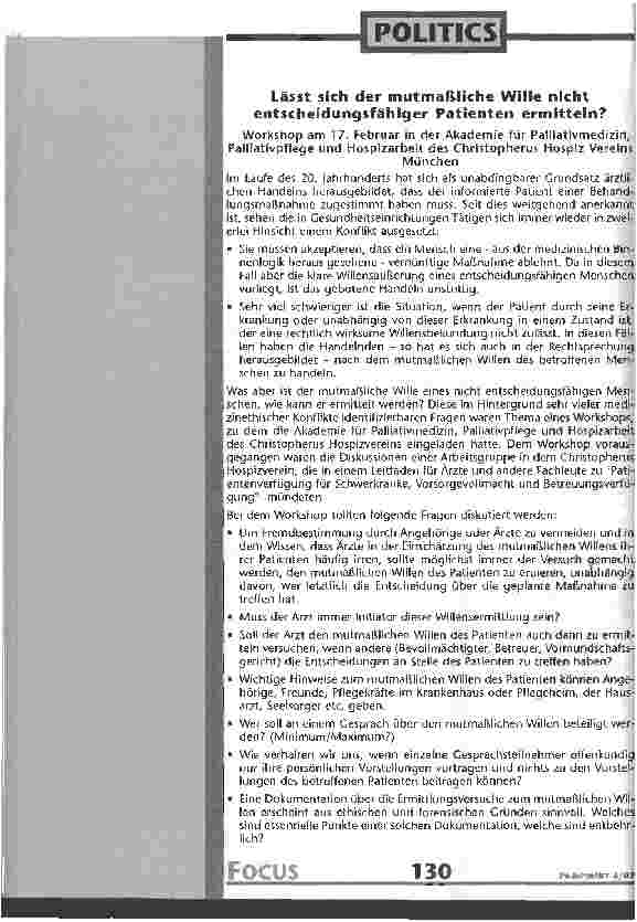 Vorschauseite 1: Lässt sich der mutmaßliche Wille nicht entscheidungsfähiger Patienten ermitteln?