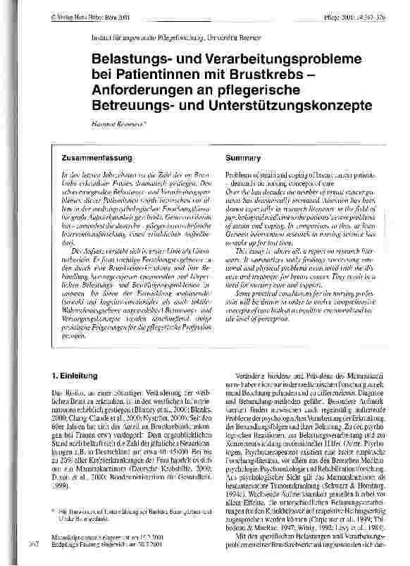 Vorschauseite 1: Belastungsund Verarbeitungsprobleme bei Patientinnen mit Brustkrebs - Anforderungen an pflegerische Betreuungsund Unterstützungskonzepte Institut für angewandte Pflegeforschung, U…
