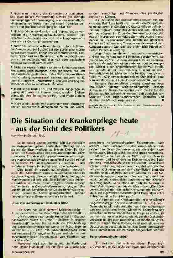 Vorschauseite 2: Die Situation der Krankenpflege heute -aus der Sicht des Politikers