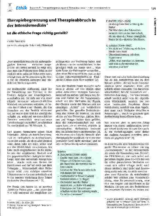 Vorschauseite 1: Therapiebegrenzung und Therapieabbruch in der Intensivmedizin Ist die ethische Frage richtig gestellt?