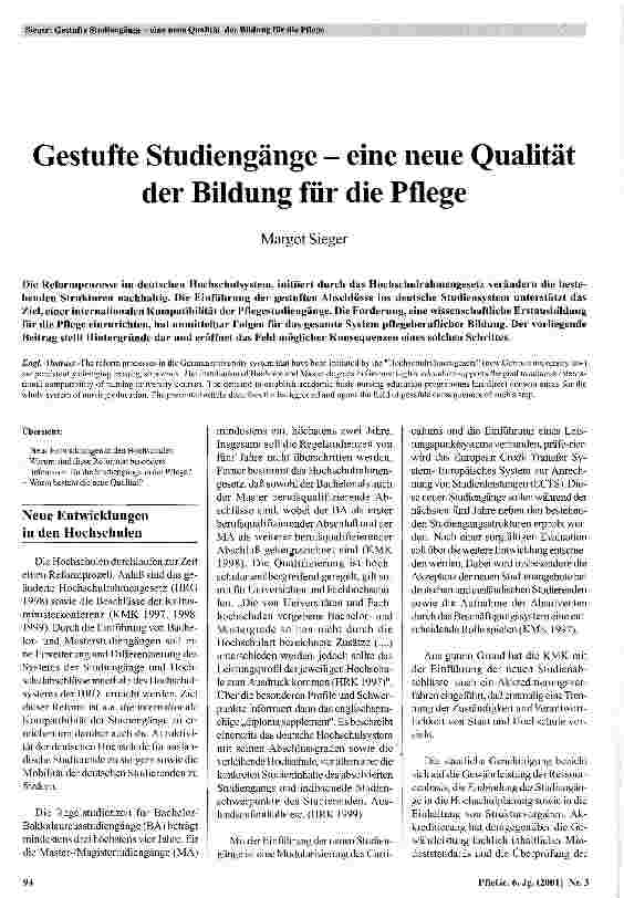 Vorschauseite 1: Gestufte Studiengänge - eine neue Qualität der Bildung für die Pflege