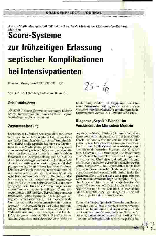 Vorschauseite 1: Score-Systeme zur frühzeitigen Erfassung septischer Komplikationen bei Intensivpatienten