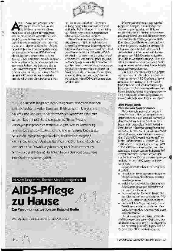 Vorschauseite 1: AIDS-Pflege zu Hause - Zur Versorgungssituation am Beispiel Berlin Auswertung eines Bonner Modellprogramms
