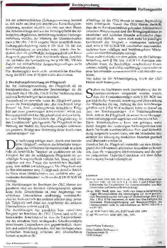 Vorschauseite 5: Haftungsfreistellung des Krankenhausträgers bei Verletzung einer Mitarbeiterin des Reinigungsunternehmens