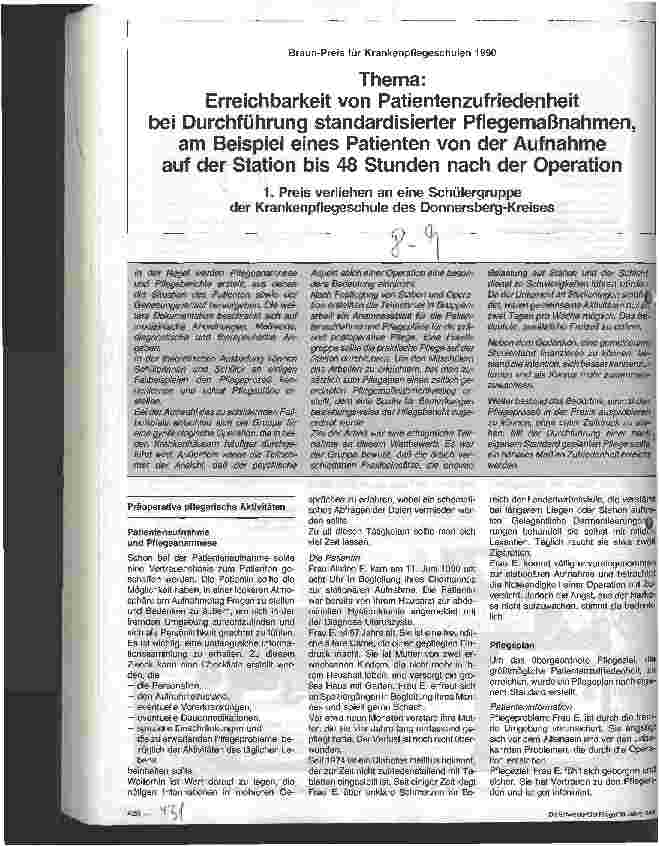 Vorschauseite 1: Braun-Preis für Krankenpflegeschulen 1990, Thema: Erreichbarkeit von Patientenzufriedenheit bei Durchführung standardisierter ...