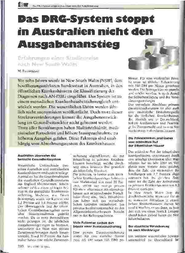 Vorschauseite 1: Das DRG-System stoppt in Australien nicht den Ausgabenanstieg