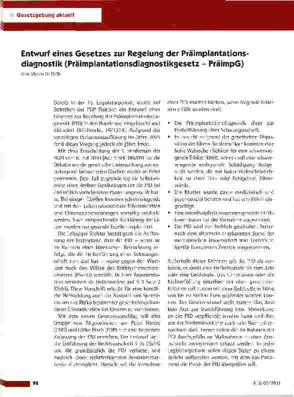 Vorschauseite 1: Entwurf eines Gesetzes zur Regelung der Präimplantationsdiagnostik (Präimplantationsdiagnostikgesetz - PräimpG)