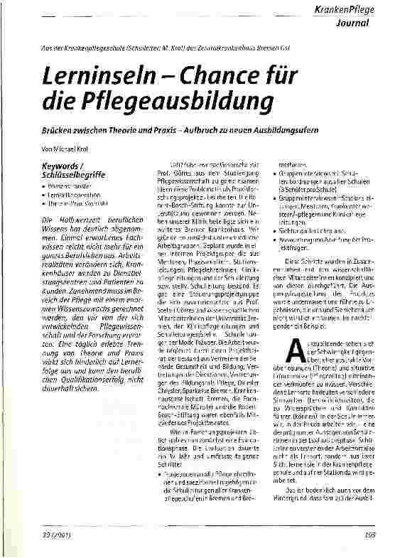 Vorschauseite 1: Lerninseln - Chance für die Pflegeausbildung Brücken zwischen Therorie und Praxis - Aufbruch zu neuen Ausbildungsufern