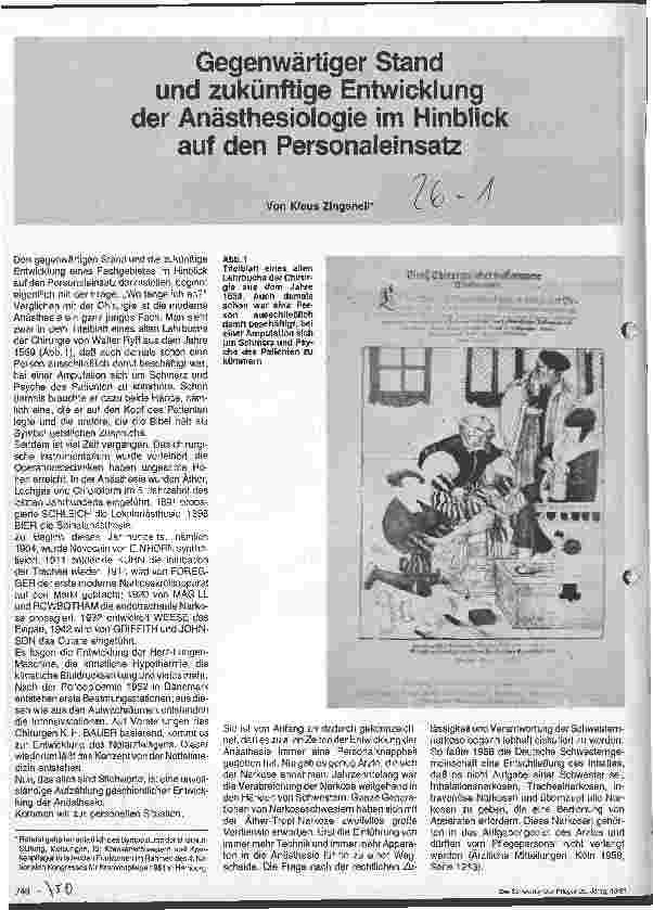 Vorschauseite 1: Gegenwärtiger Stand und zukünftige Entwicklung der Anästhesiologie im Hinblick auf den Pesonaleinsatz