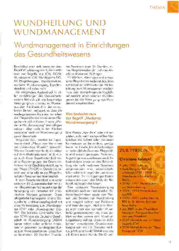 Vorschauseite 1: WUNDHEILUNG UND WUNDMANACEMENTWundmanagement in Einrichtungen des Gesundheitswesens