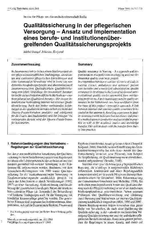 Vorschauseite 1: Qualitätssicherung in der pflegerischen Versorgung - Ansatz und Implementation eines berufeund institutionenübergreifenden Qualitätssicherungsprojekts