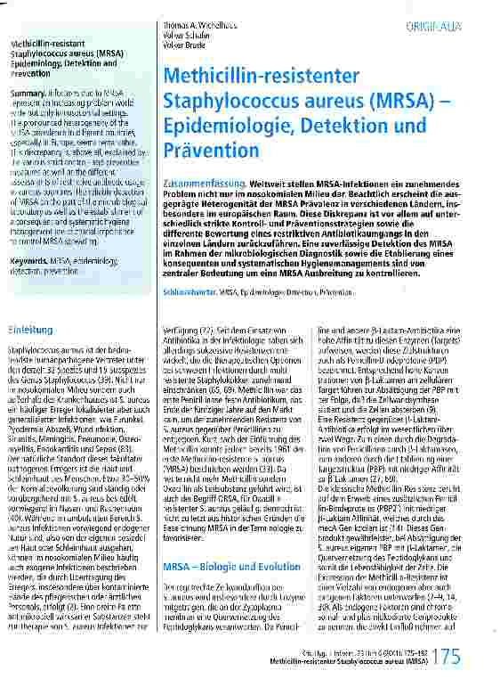 Vorschauseite 1: Methicillin-resistener Staphylococcus aureus (MRSA) Epidemiologie, Detektion und Prävention
