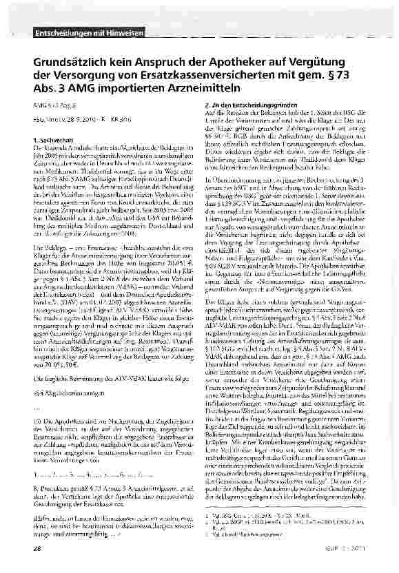 Vorschauseite 1: Grundsätzlich kein Anspruch der Apotheker auf Vergütung der Versorgung von Ersatzkassenversicherten mit gem. §73 Abs. 3 AMG importierten Arzneimitteln